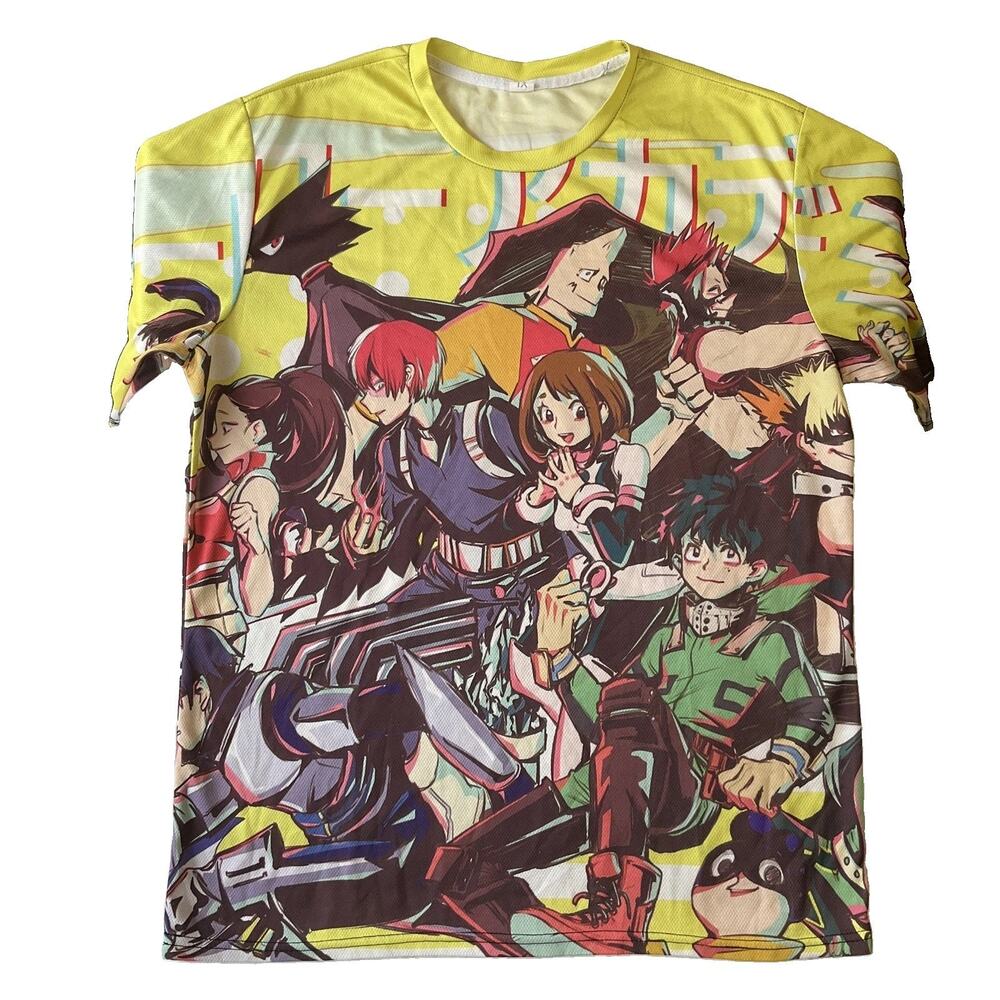 Unknown Brand Men Shirt XL Yellow Graphic Print Anime Characters Short Sleeve